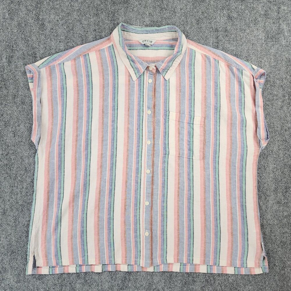 Orvis Shirt Womens XXL Colorful Stripe Linen Blend Coastal Casual Button Up